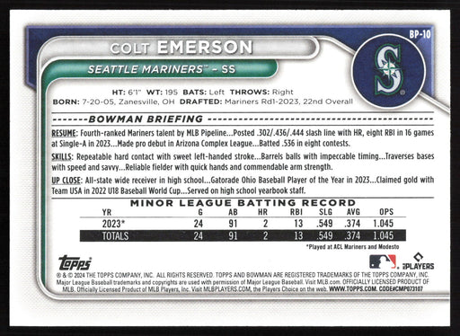 2024 Bowman #BP-10 Colt Emerson Prospects Base