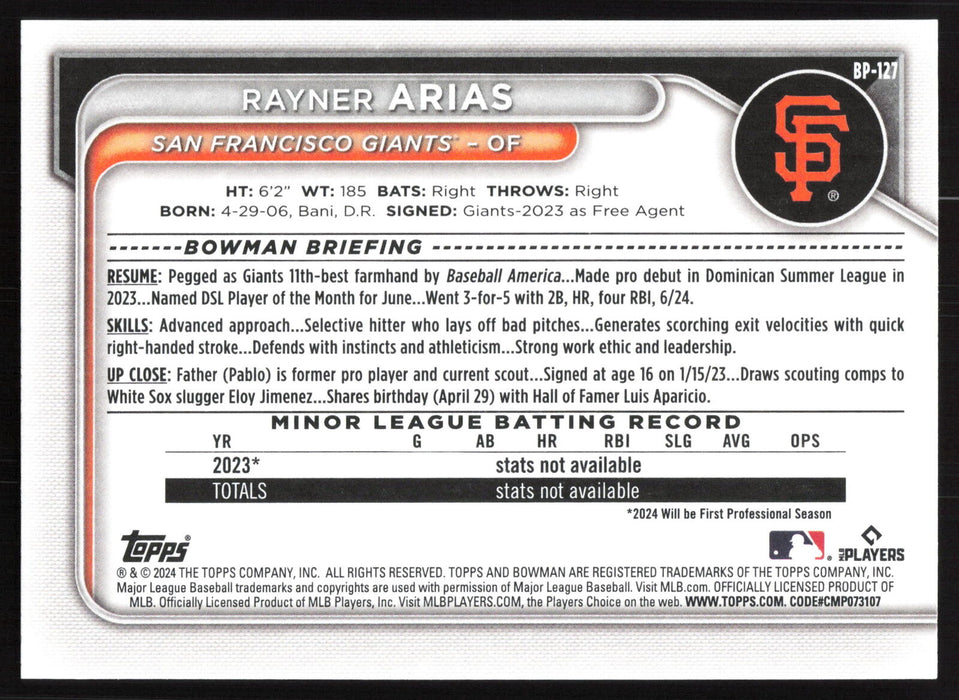 2024 Bowman #BP-127 Rayner Arias Base