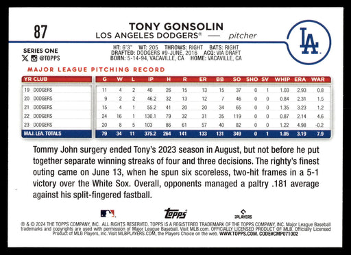 2024 Topps #87 Tony Gonsolin Rainbow Foil