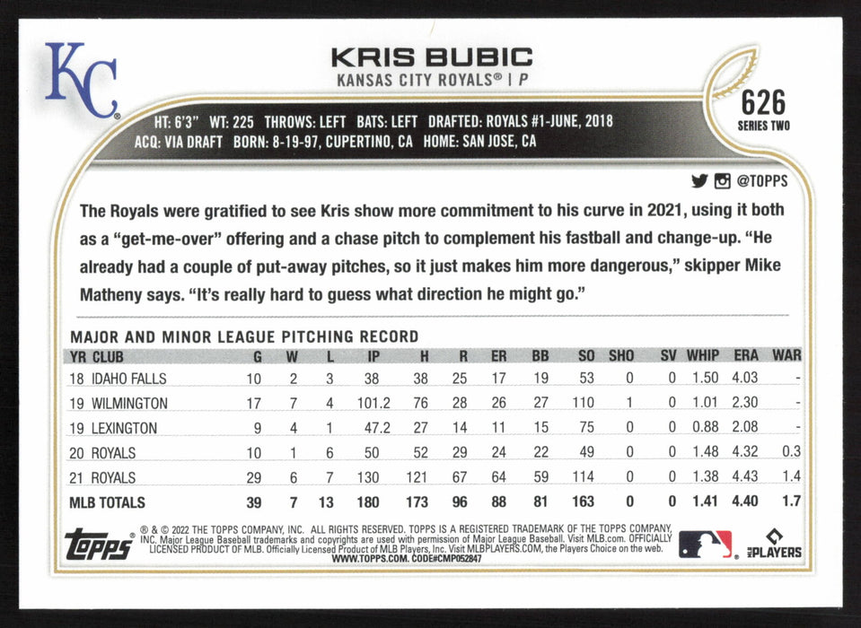 2022 Topps #626 Kris Bubic Rainbow Foil