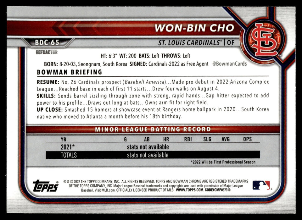 2022 Bowman Draft #BDC-65 Won-Bin Cho Chrome Refractor