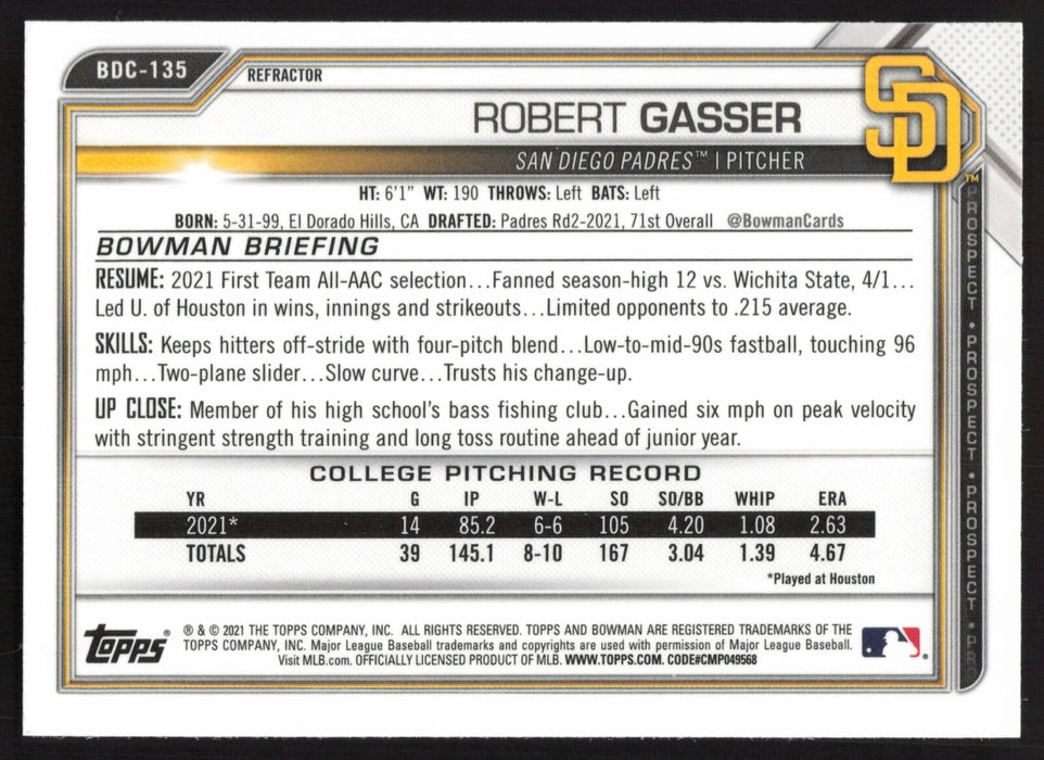 2021 Bowman Draft #BDC-135 Robert Gasser Chrome Refractor