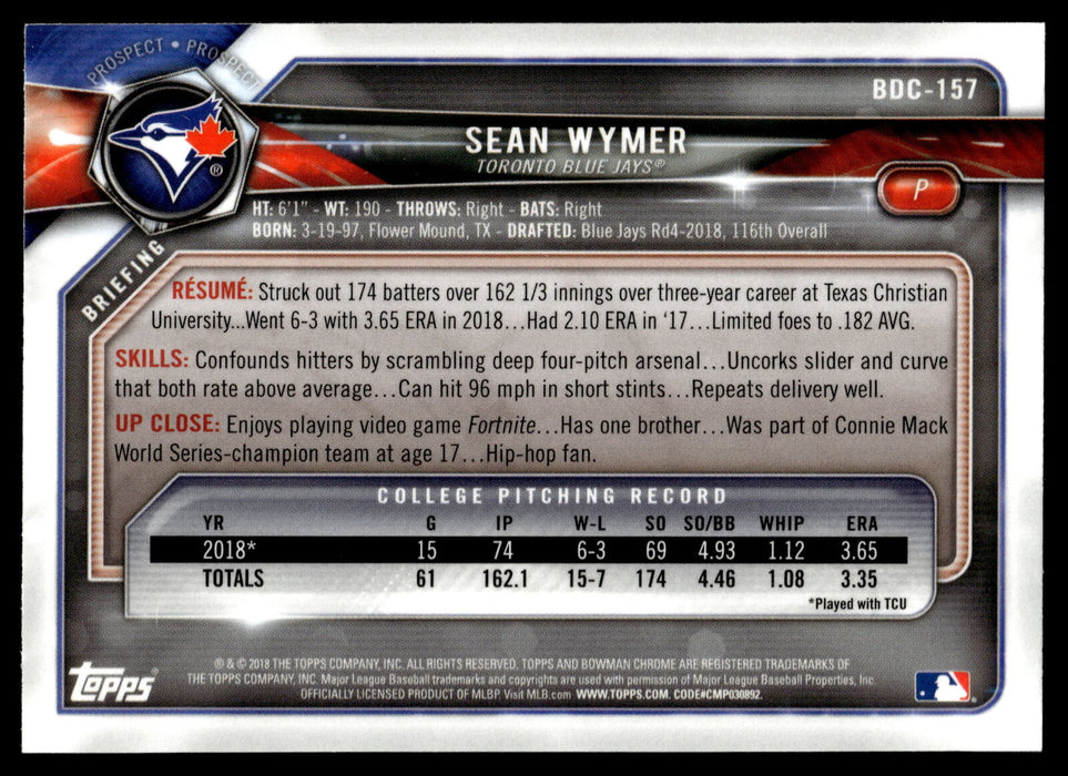 2018 Bowman Draft #BDC-157 Sean Wymer Chrome