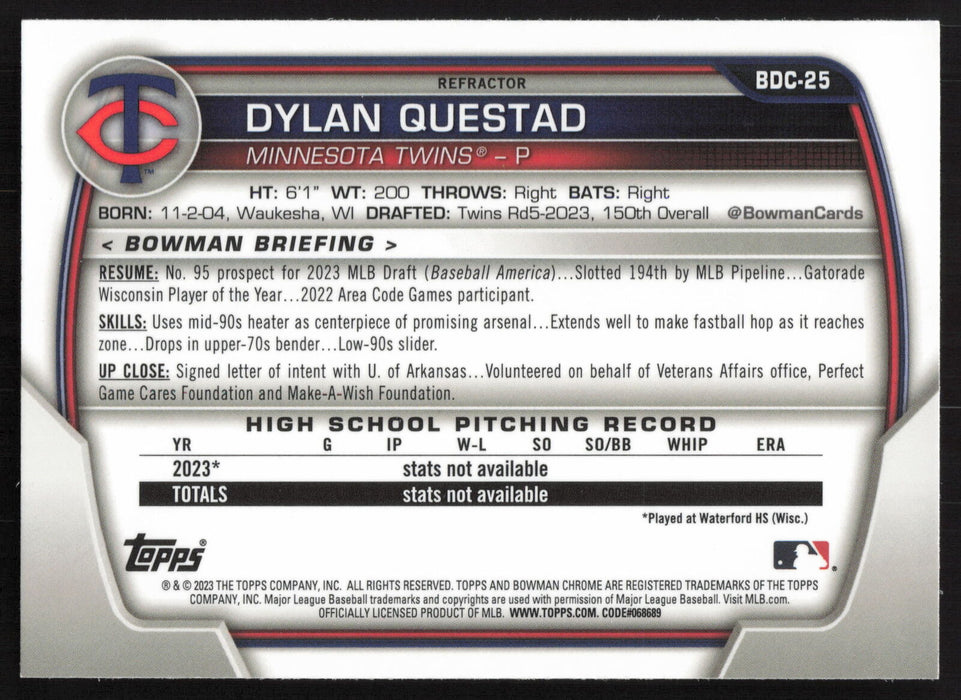 2023 Bowman Draft #BDC-25 Dylan Questad Chrome Refractor