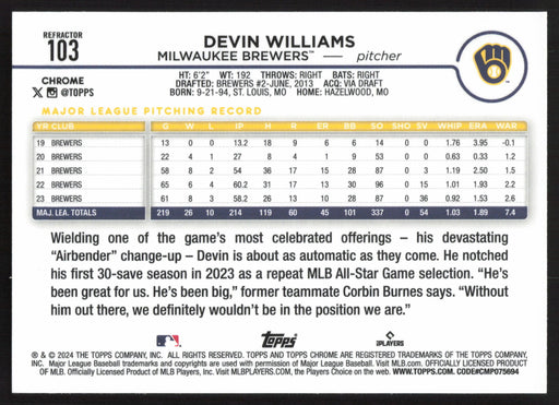 2024 Topps Chrome #103 Devin Williams Refractor