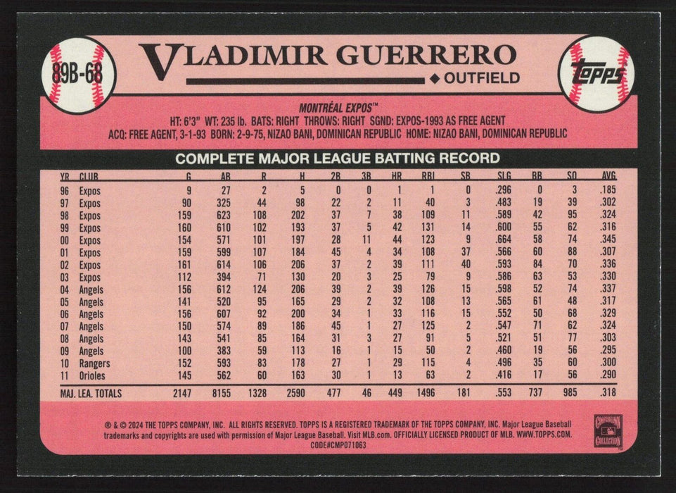 2024 Topps #89B-68 Vladimir Guerrero 1989 Topps Baseball 35th Anniversary