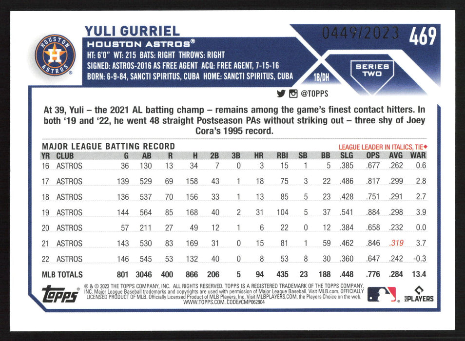 2023 Topps #469 Yuli Gurriel Gold #/2023