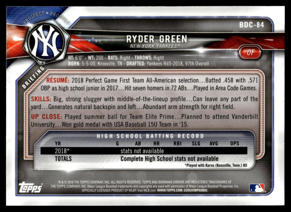 2018 Bowman Draft #BDC-84 Ryder Green Chrome