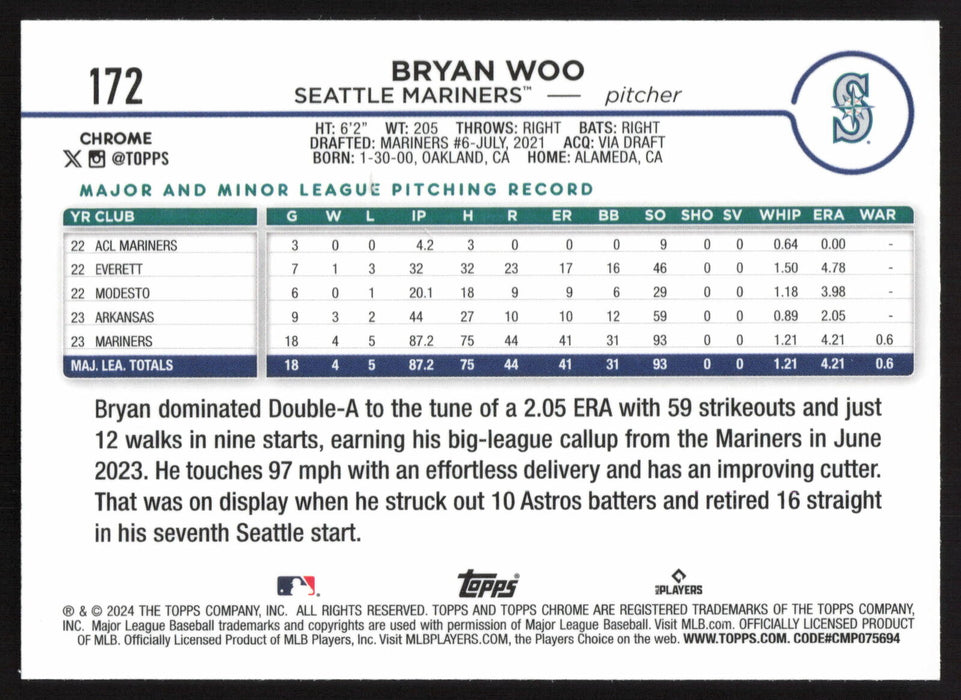 2024 Topps Chrome #172 Bryan Woo Pink Refractor