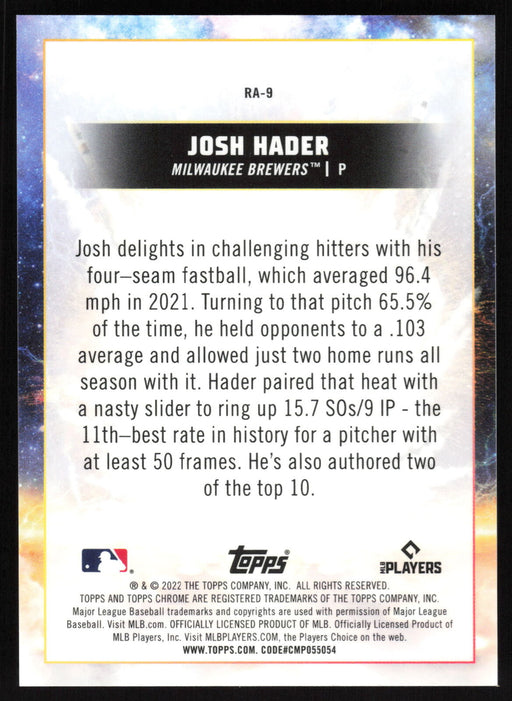 2022 Topps Chrome Cosmic #RA-9 Josh Hader Rocket Arms