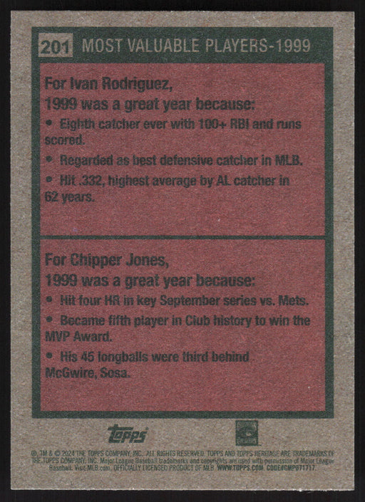 2024 Topps Heritage #201 1999 MVPs (Ivan Rodriguez / Chipper Jones)