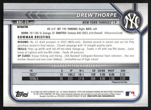 2022 Bowman Draft #BDC-25 Drew Thorpe Chrome Refractor