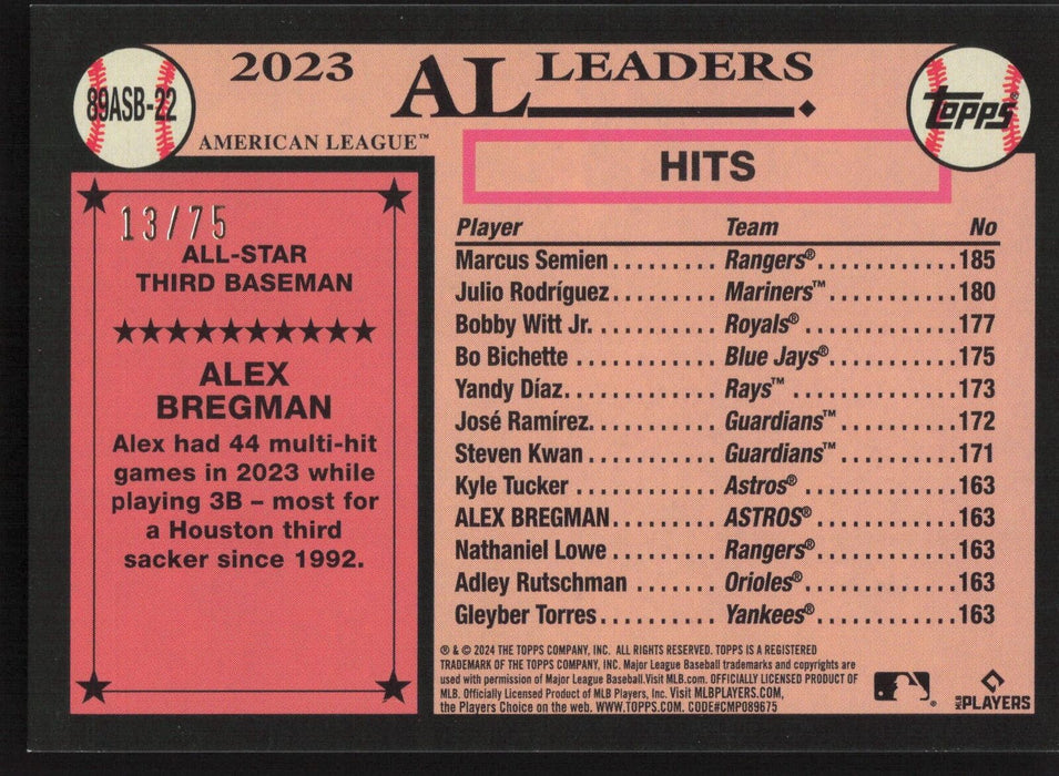 2024 Topps #89ASB-22 Alex Bregman 1989 Topps Baseball /75