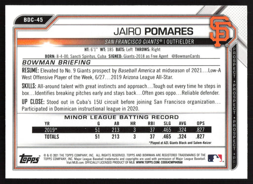 2021 Bowman Draft #BDC-45 Jairo Pomares Chrome