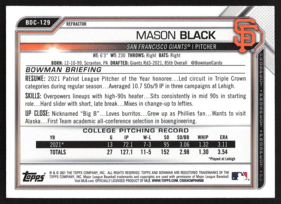 2021 Bowman Draft #BDC-129 Mason Black Chrome Refractor