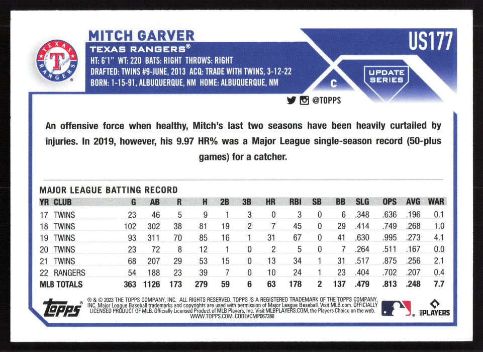 2023 Topps Update #US177 Mitch Garver Gold Foil