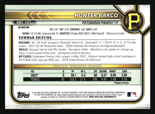 2022 Bowman Draft #BDC-103 Hunter Barco Chrome Refractor