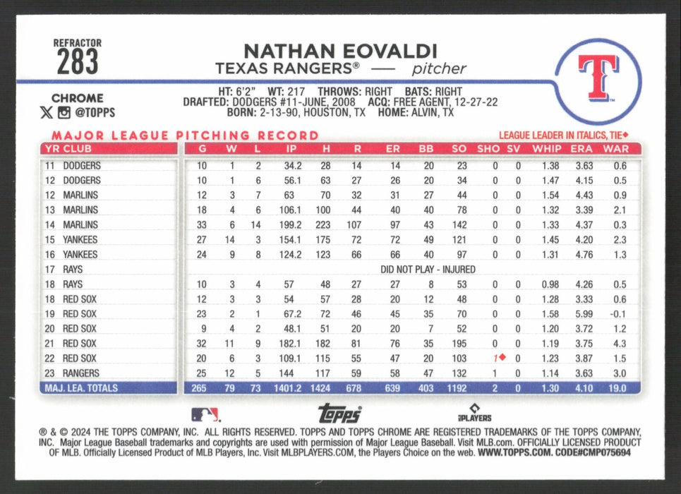 2024 Topps Chrome #283 Nathan Eovaldi Refractor