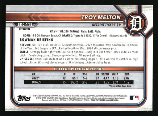 2022 Bowman Draft #BDC-118 Troy Melton Chrome Refractor