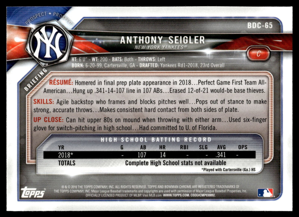 2018 Bowman Draft #BDC-65 Anthony Seigler Chrome