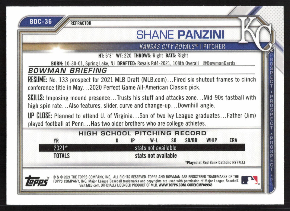 2021 Bowman Draft #BDC-36 Shane Panzini Chrome Refractor