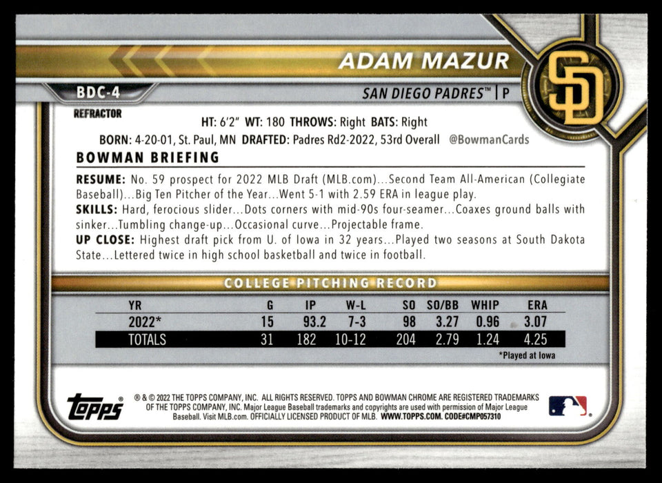 2022 Bowman Draft #BDC-4 Adam Mazur Chrome Refractor