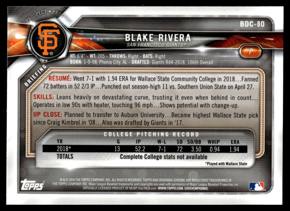 2018 Bowman Draft #BDC-80 Blake Rivera Chrome