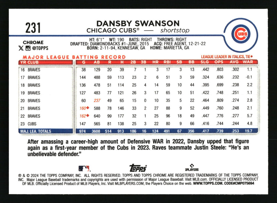 2024 Topps Chrome #231 Dansby Swanson Prism Refractor