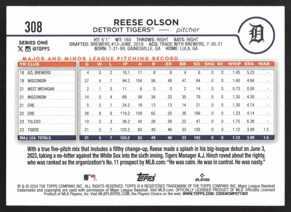 2024 Topps #308 Reese Olson Royal Blue