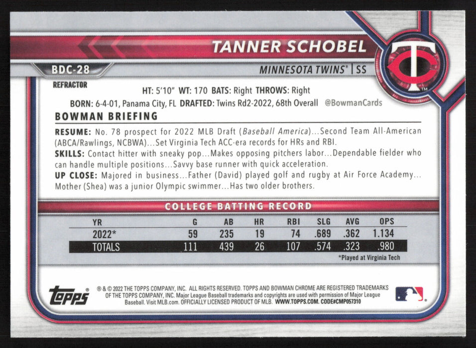 2022 Bowman Draft #BDC-28 Tanner Schobel Chrome Refractor