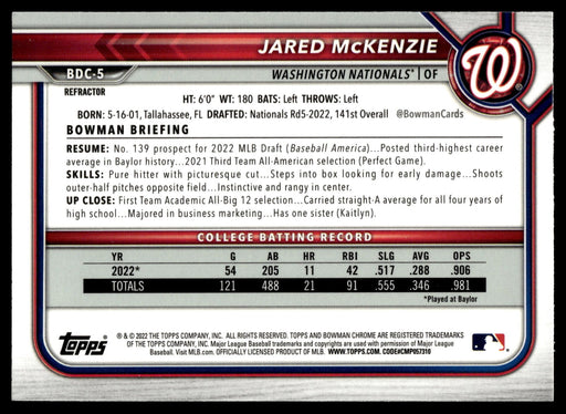 2022 Bowman Draft #BDC-5 Jared McKenzie Chrome Refractor