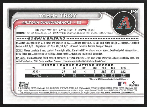 2024 Bowman #BP-76 Tommy Troy Prospects Base