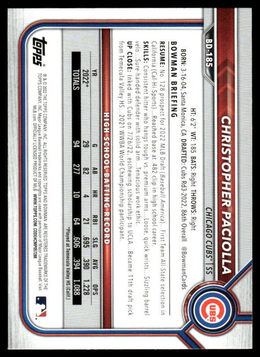 2022 Bowman Draft #BD-185 Christopher Paciolla