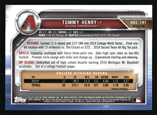 2019 Bowman Draft #BDC-197 Tommy Henry Chrome Refractor