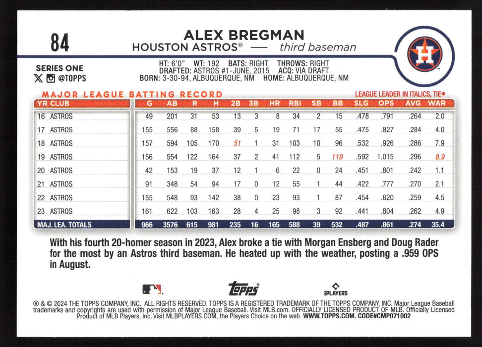 2024 Topps #84 Alex Bregman Royal Blue