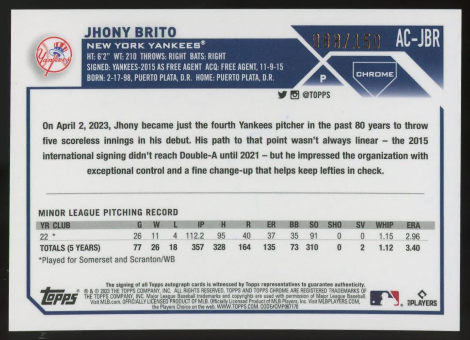 2023 Topps Chrome Update #AC-JBR Jhony Brito Autographs Blue #/150