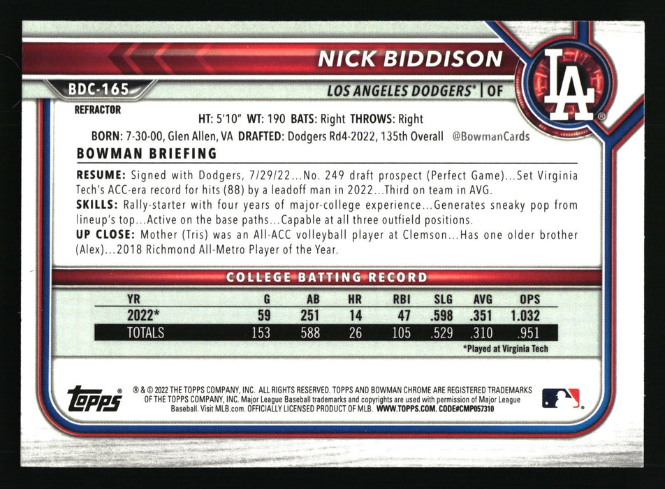 2022 Bowman Draft #BDC-165 Nick Biddison Chrome Refractor