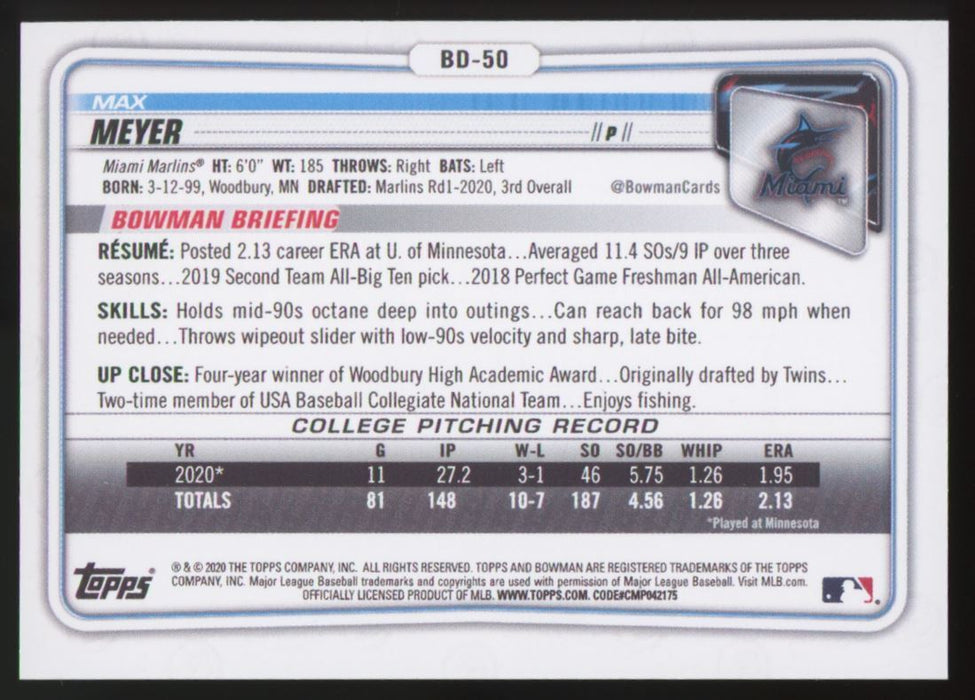 2020 Bowman Draft #BD-50 Max Meyer Sky Blue #/499