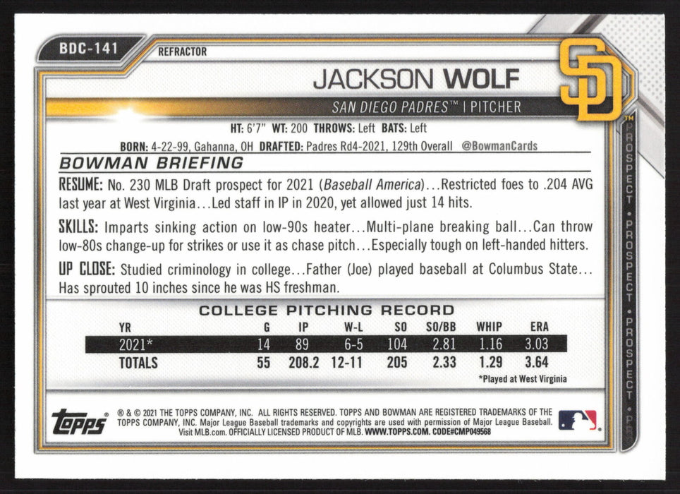 2021 Bowman Draft #BDC-141 Jackson Wolf Chrome Refractor