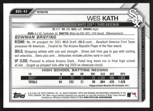 2021 Bowman Draft #BDC-43 Wes Kath Chrome Refractor