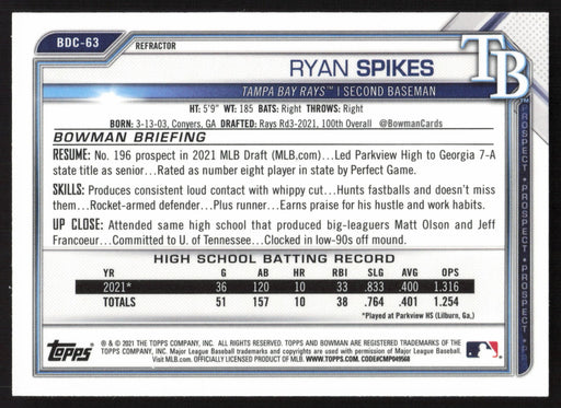 2021 Bowman Draft #BDC-63 Ryan Spikes Chrome Refractor