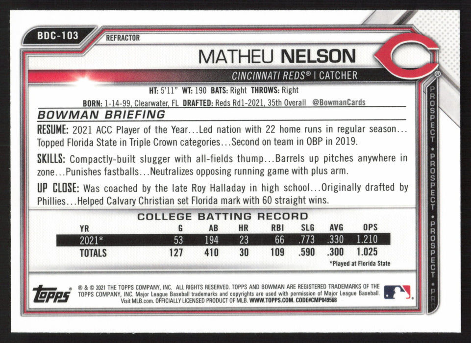 2021 Bowman Draft #BDC-103 Matheu Nelson Chrome Refractor