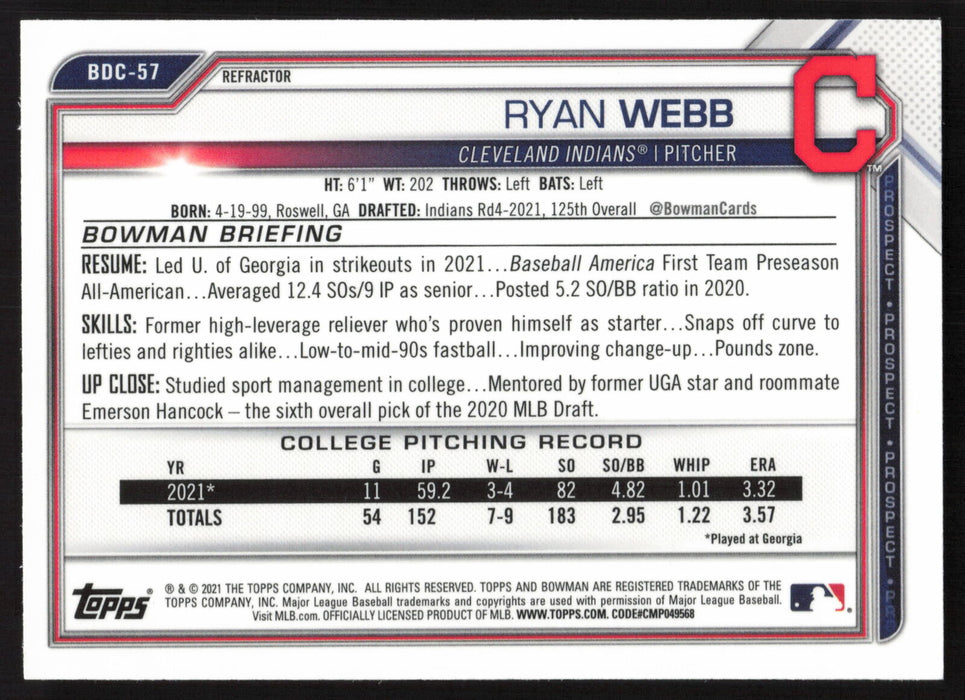 2021 Bowman Draft #BDC-57 Ryan Webb Chrome Refractor