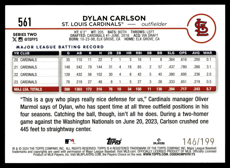 2024 Topps #561 Dylan Carlson Red Crackle Foil #/199