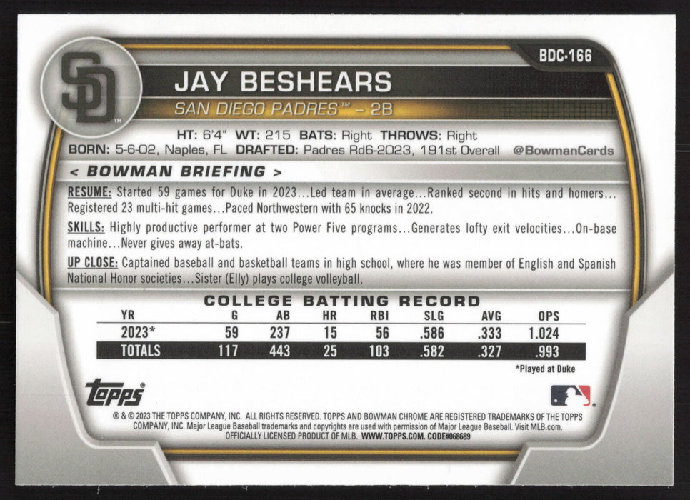 2023 Bowman Draft #BDC-166 Jay Beshears Chrome Sky Blue Refractor