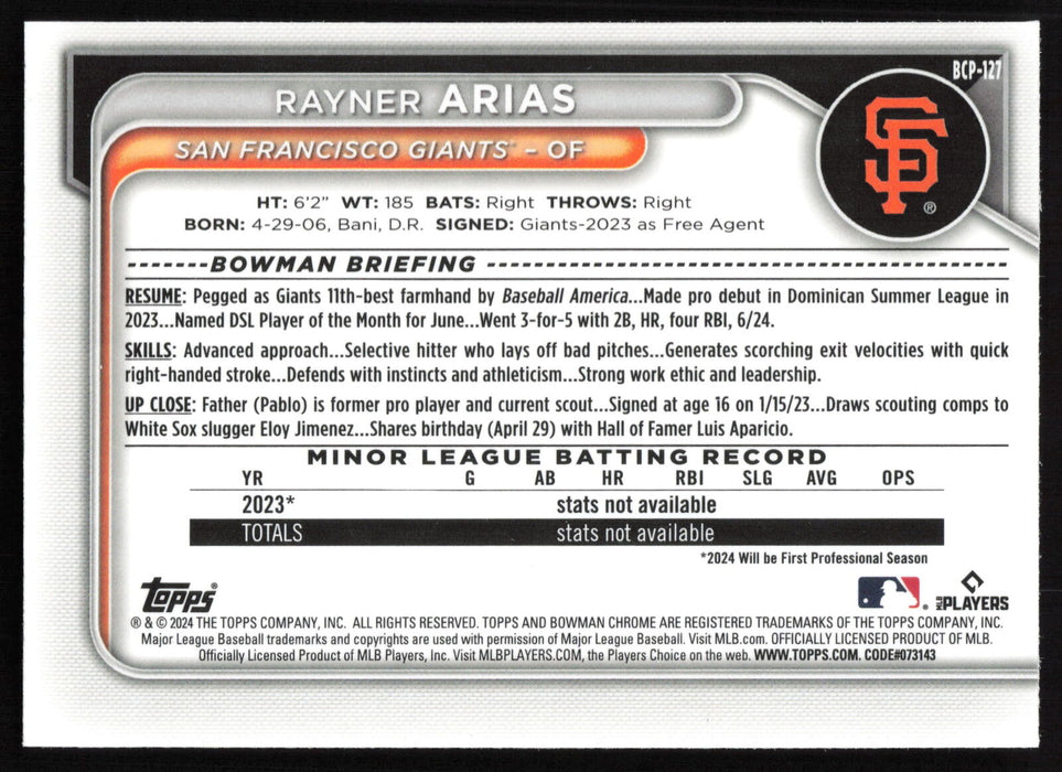 2024 Bowman #BCP-127 Rayner Arias Chrome Prospects