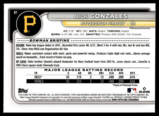 2024 Bowman Chrome #87 Nick Gonzales