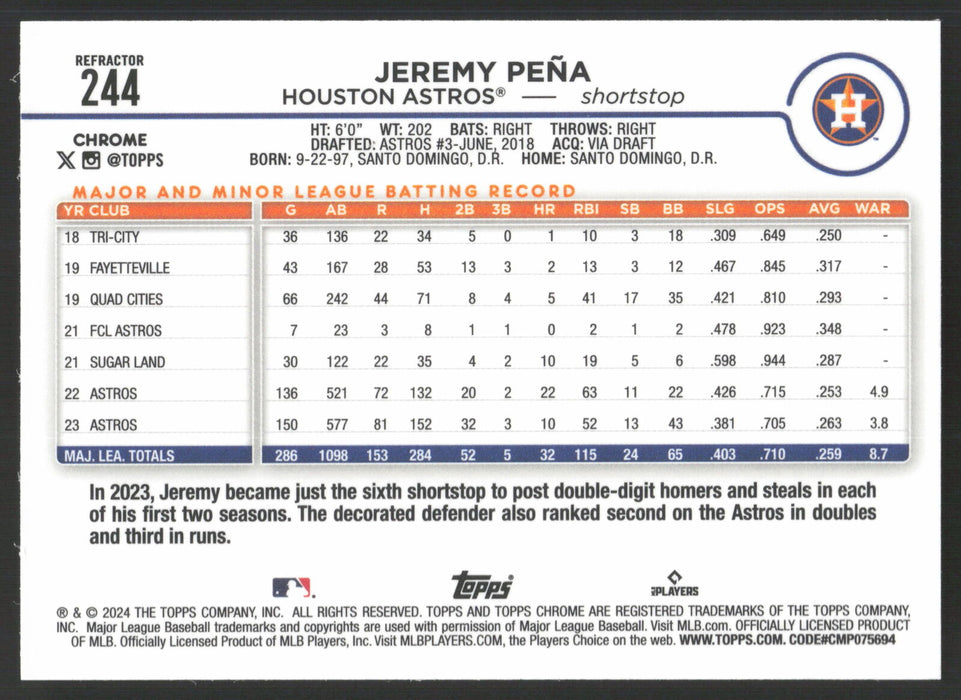 2024 Topps Chrome #244 Jeremy Peña Refractor