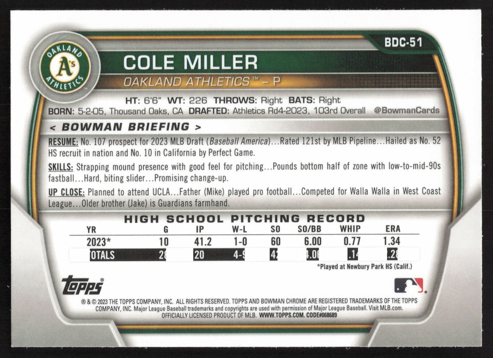 2023 Bowman Draft #BDC-51 Cole Miller Chrome Sky Blue Refractor