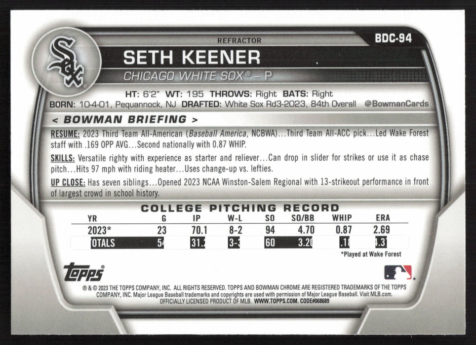 2023 Bowman Draft #BDC-94 Seth Keener Chrome Refractor